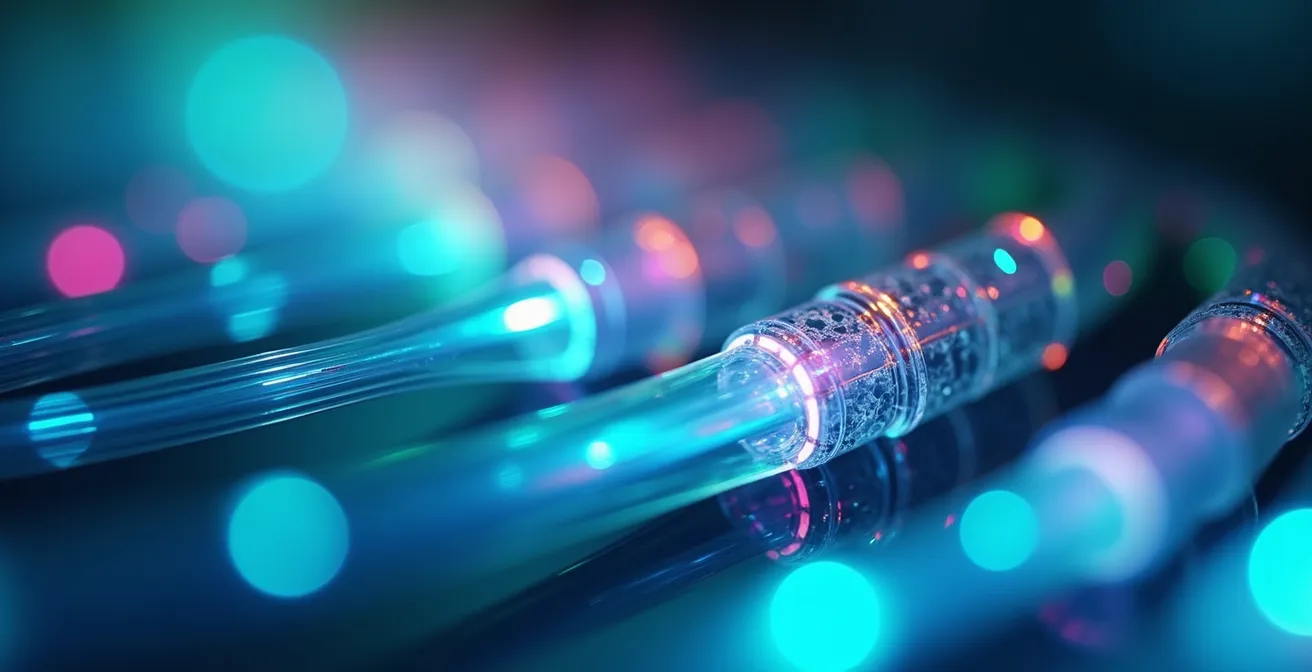 Vista macro de código algorítmico con reflejos de luz representando conexiones de red