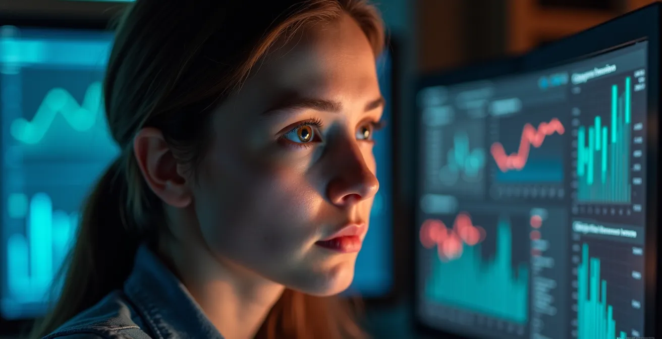 Analista observando patrones de comportamiento del cliente en visualizaciones de datos interactivas