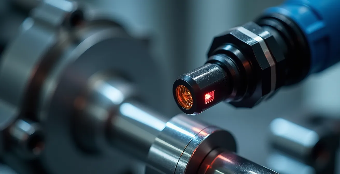 Vista macro de sensor de posición verificando alineación de utillaje durante cambio de formato