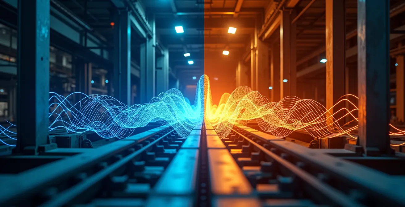 Comparación visual de cobertura de red LoRaWAN y 5G en planta industrial con interferencias