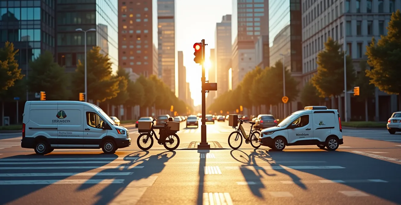 Vista aérea de diferentes vehículos de entrega sostenible en una intersección urbana, incluyendo una furgoneta eléctrica, una e-cargo bike y un robot.