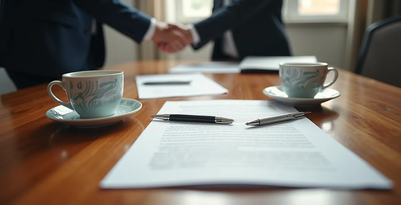 Mesa de negociación con documentos contractuales y ambiente profesional de acuerdo B2B