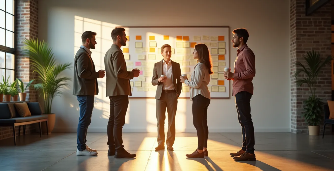 Equipo de pie en semicírculo frente a tablero kanban físico durante reunión daily