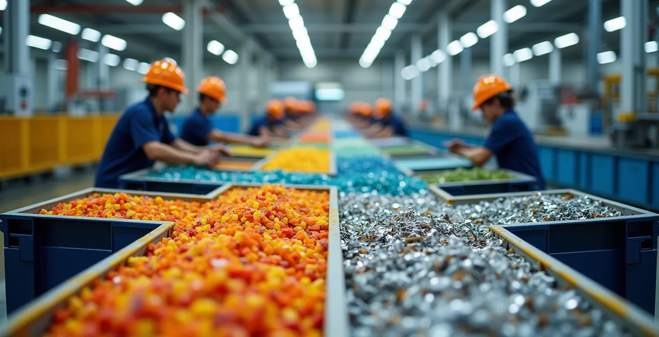 Planta industrial moderna con sistema de reciclaje visible y trabajadores clasificando materiales para reutilización