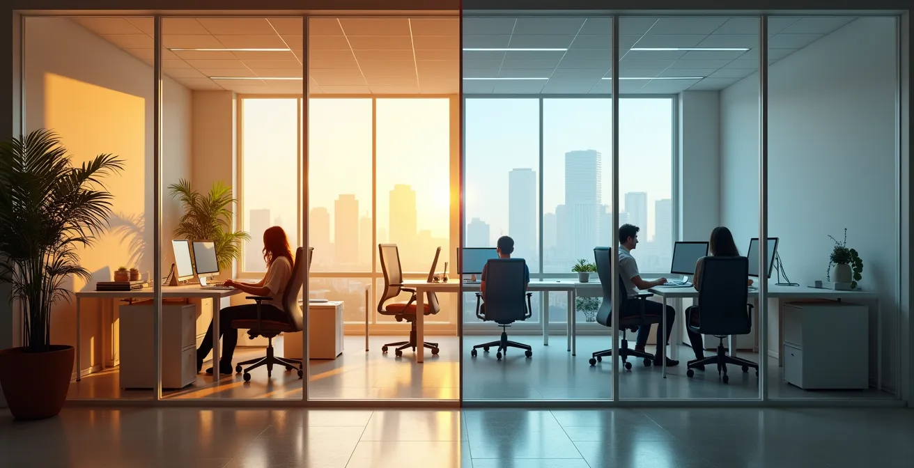 Oficina moderna con zonas de trabajo flexibles y espacios colaborativos diseñados para la Generación Z.