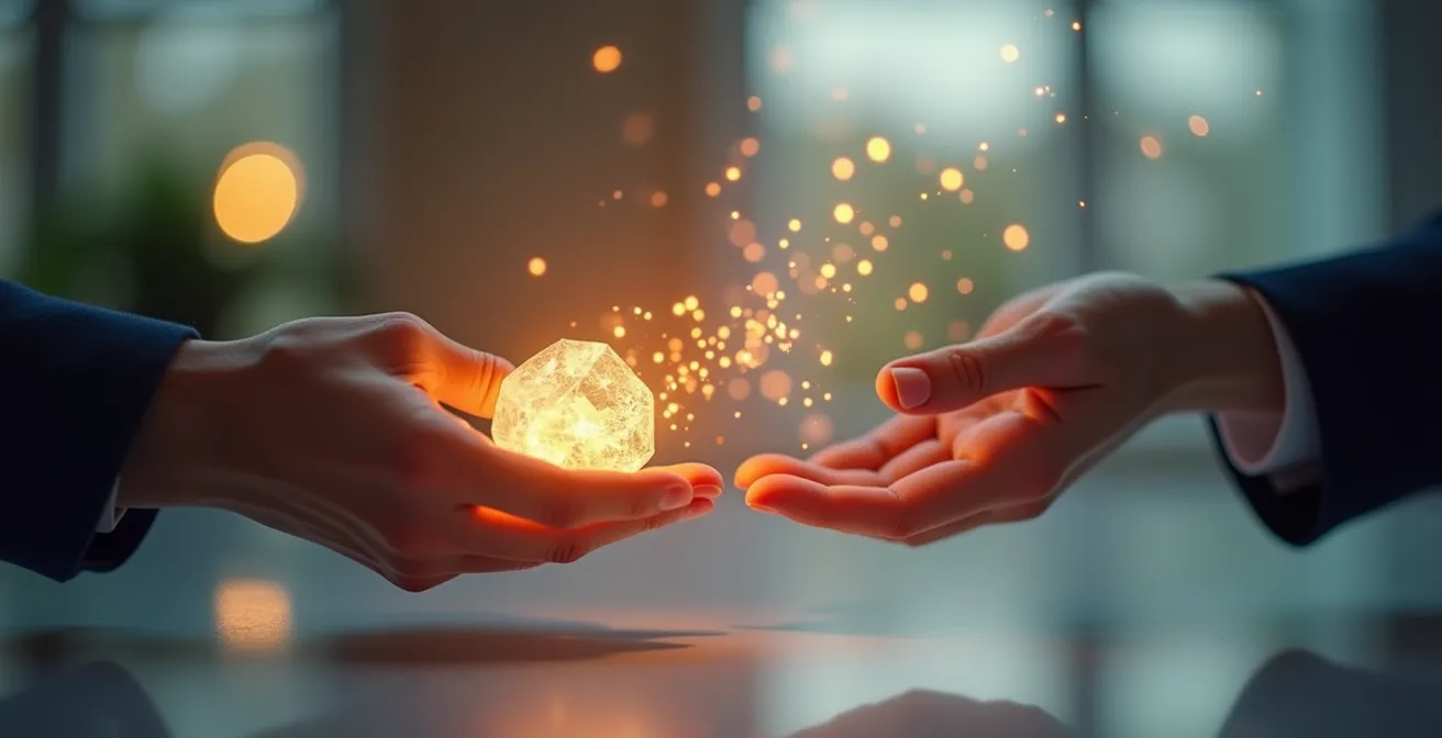 Dos manos intercambiando luz digital, representando el intercambio de valor por datos en una estrategia de first-party data.