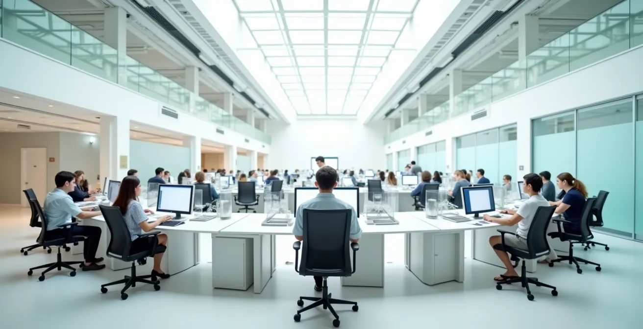 Vista panorámica minimalista de coordinación estratégica múltiple en espacio de trabajo moderno