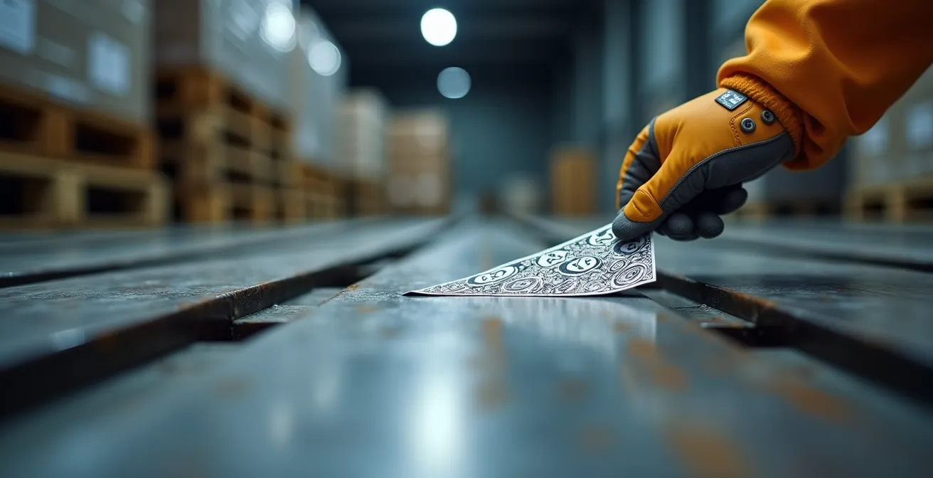 Etiqueta RFID resistente aplicada en palet metálico para inventario automatizado