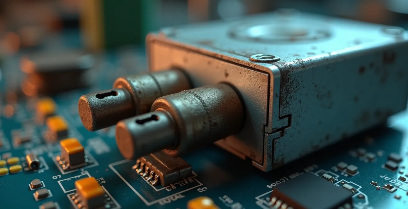 Detalle macro de sensor IoT instalado en PLC antiguo