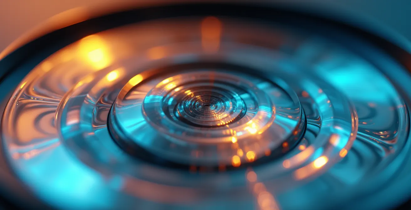 Imagen macro de una lente enfocando selectivamente elementos clave mientras otros permanecen difuminados