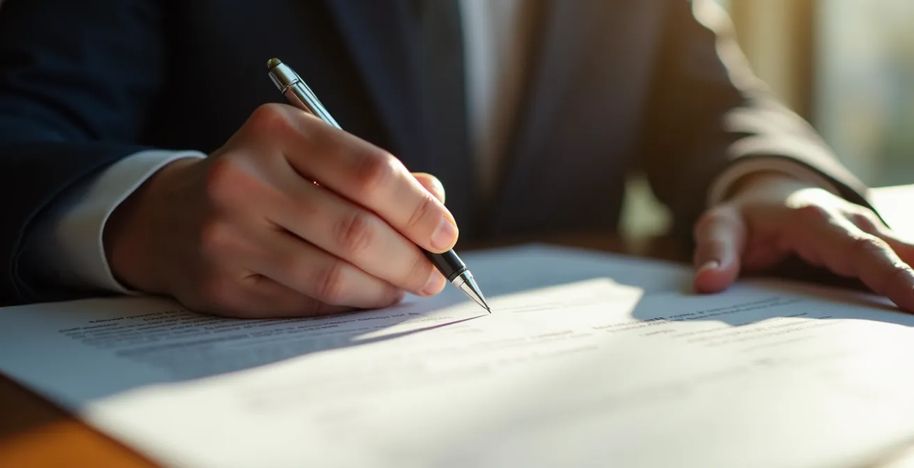 Profesional revisando contratos en escritorio minimalista con luz natural