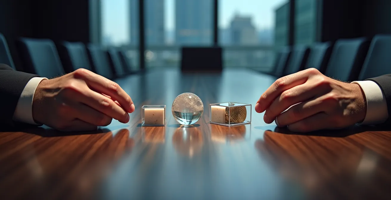 Profesionales ejecutivos analizando herramientas de decisión y calculadoras ROI en mesa de reunión