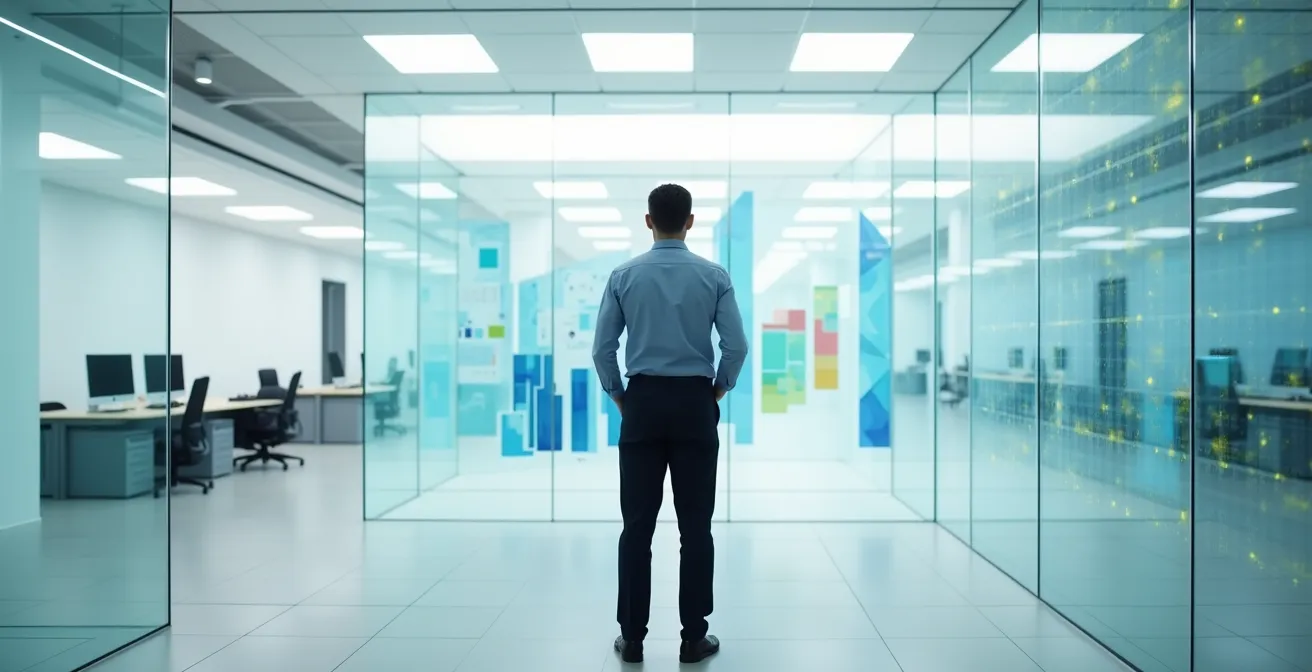 Profesional analizando datos para informe de industria en oficina moderna