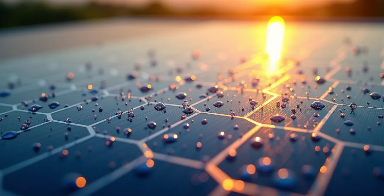 Vista macro detallada de paneles solares con reflejos de luz dorada y texturas cristalinas