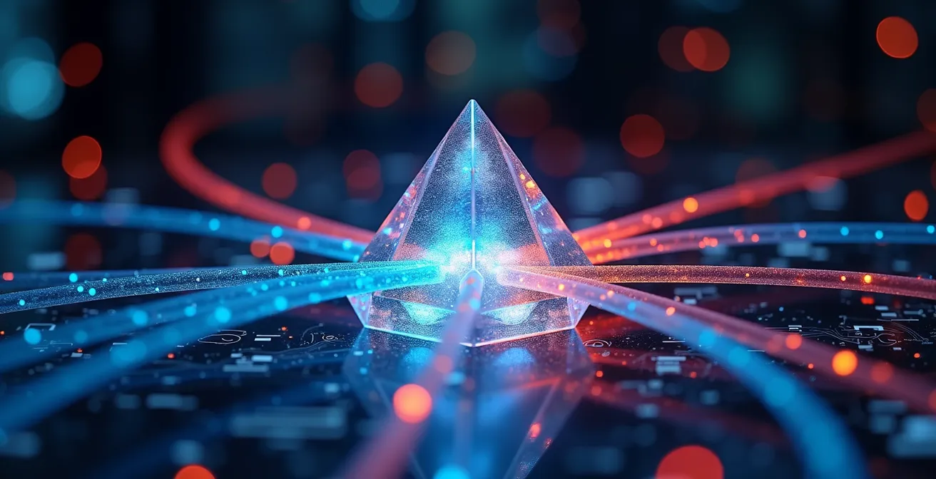 Sistema de flujos de datos conectando múltiples plataformas financieras con patrones luminosos abstractos