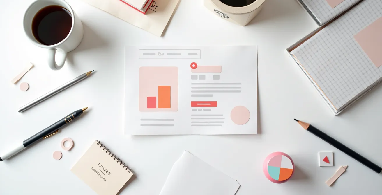 Vista aérea de una landing page conceptual con elementos de conversión destacados