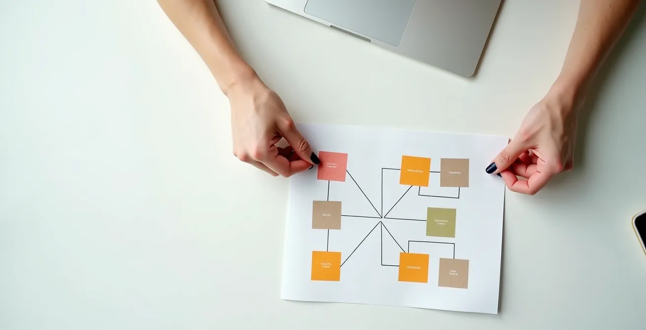 Vista cenital de un escritorio con diagrama visual conectando tareas individuales con objetivos empresariales