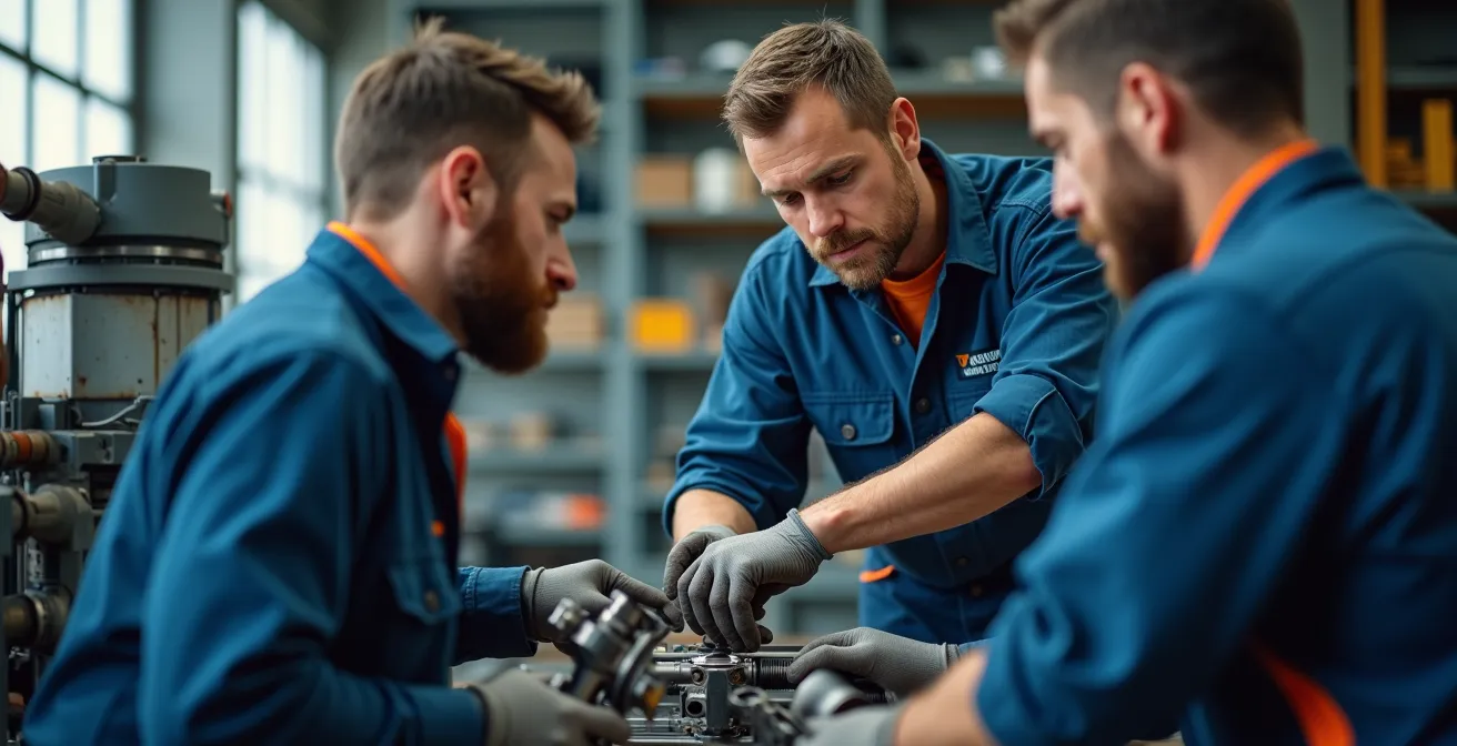 Vista cenital de operarios trabajando sincronizadamente en cambio de herramientas