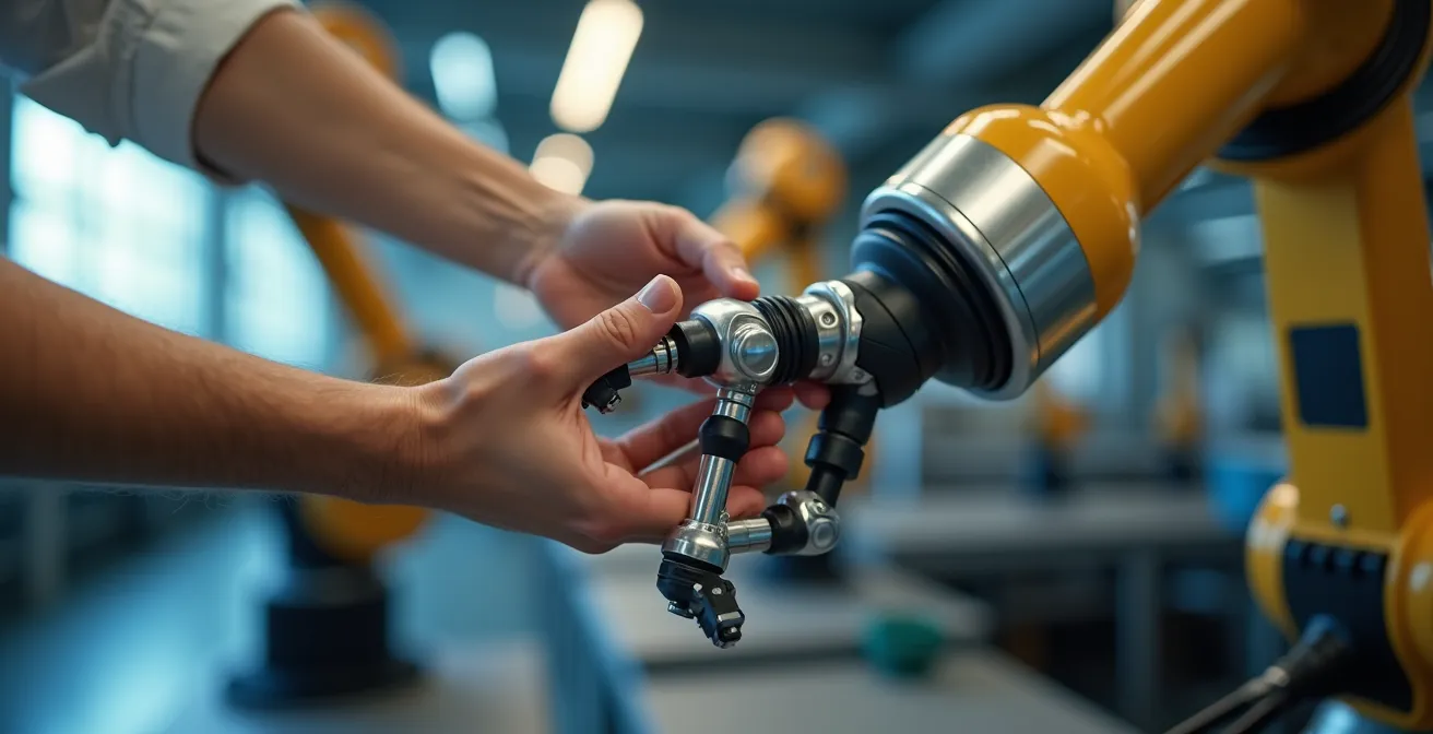 Manos de operario guiando físicamente un brazo robótico colaborativo durante proceso de programación