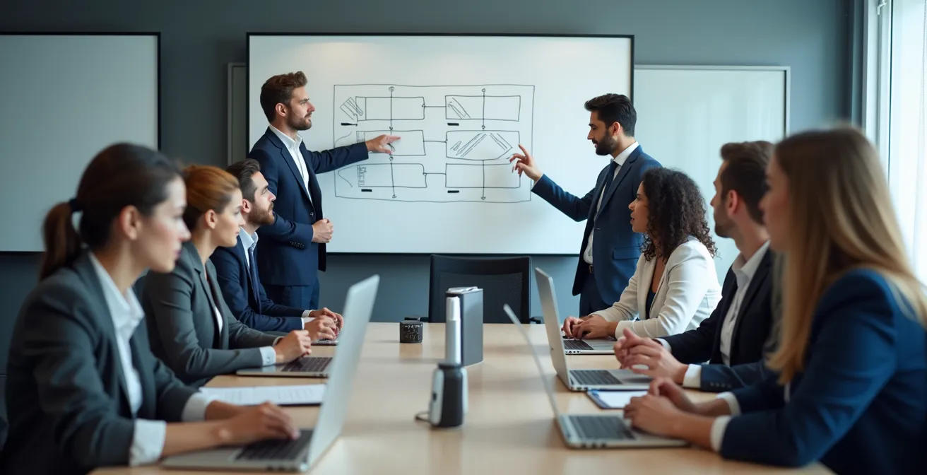 Sala de crisis empresarial durante activación de protocolo de emergencia por incumplimiento