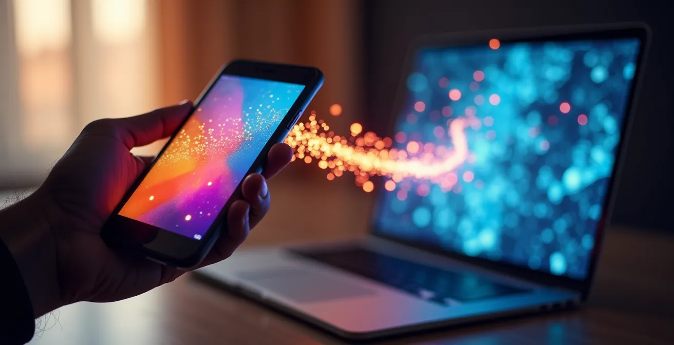 Camino visual desde un smartphone con Instagram hasta una pantalla de ordenador mostrando patrones abstractos que representan la pérdida de información del usuario.