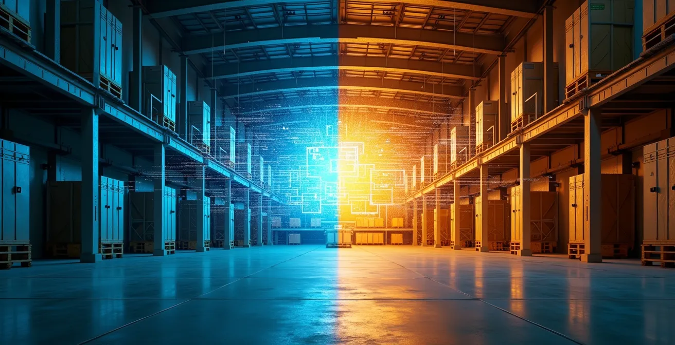 Vista de pantalla mostrando simulación digital de reubicación de productos en almacén