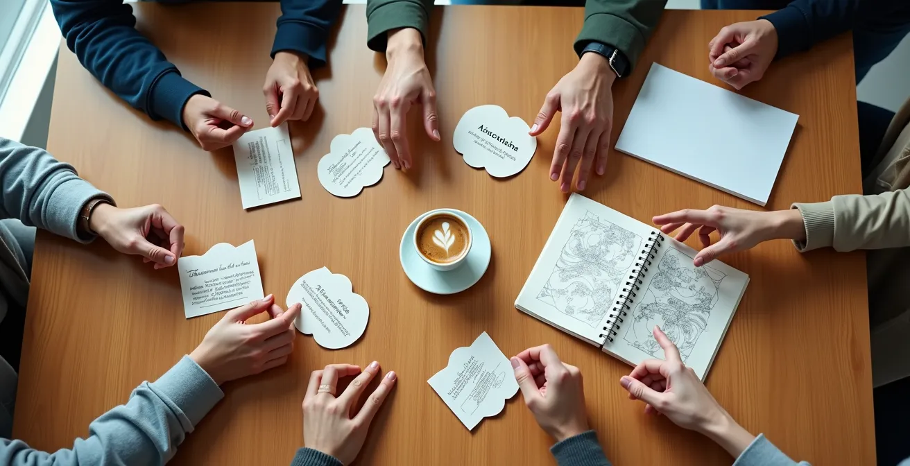 Grupo diverso de profesionales conectando a través de lenguaje compartido y simbólico, generando confianza.