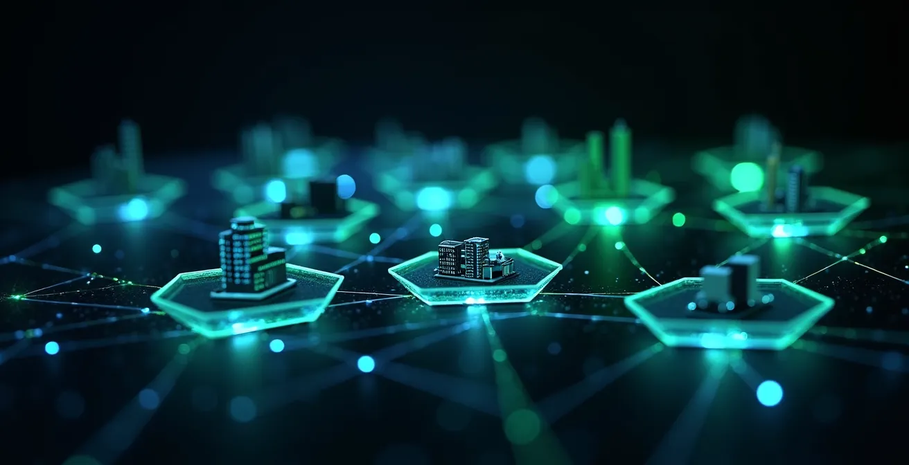 Red interconectada representando sistema de contabilidad distribuida de carbono con nodos y flujos de datos