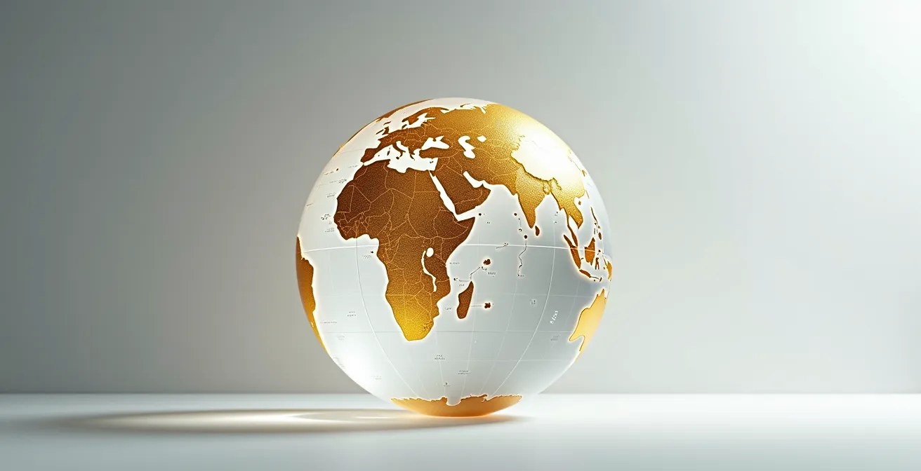 Mapa mundial con rutas de transferencia iluminadas y comparación visual de costos