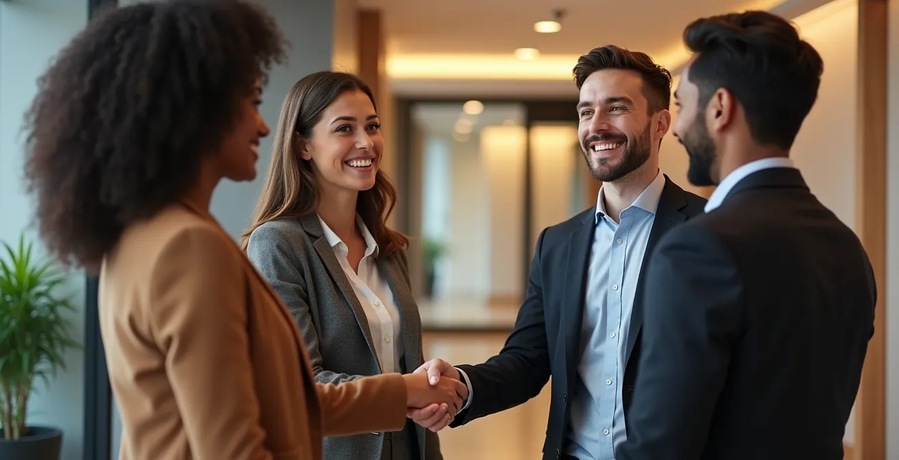 Un joven profesional se despide con un apretón de manos de sus compañeros en un ambiente de respeto y positividad.