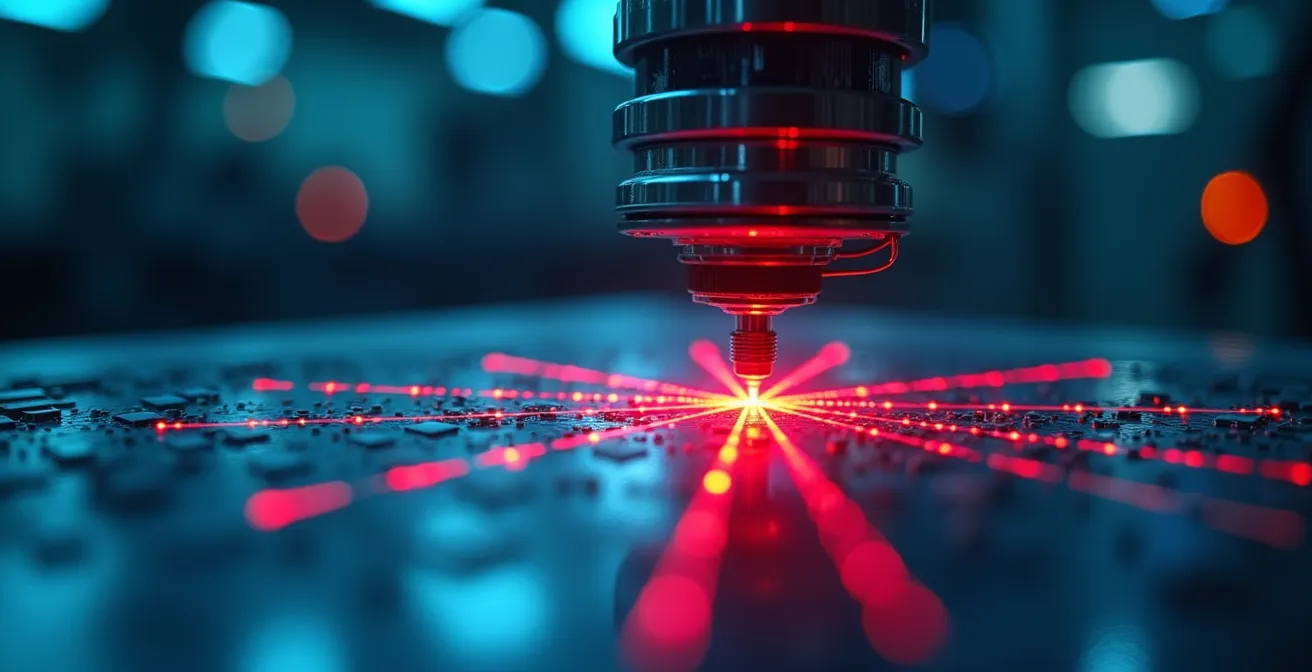 Robot con sistema de visión artificial inspeccionando componentes en línea de producción