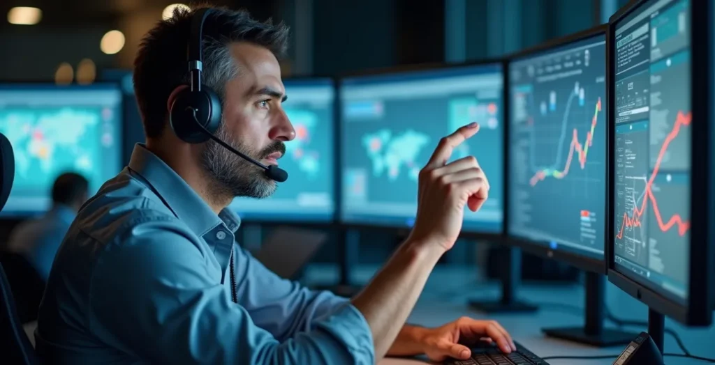 Centro de control logístico monitorizando múltiples transportistas en tiempo real
